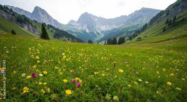 Obraz mountain views with expanses of green savanna and beautiful flowers