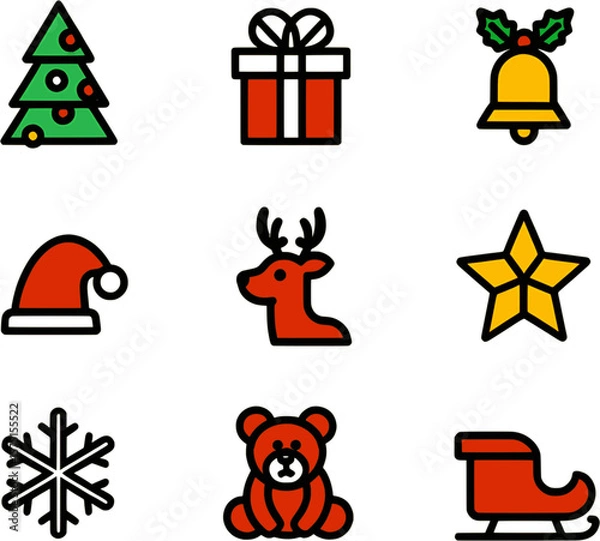 Obraz Christmas icon set with tree, gift, reindeer, snowflake, hat, bell, bear, and holiday decorations in colorful flat vector style.