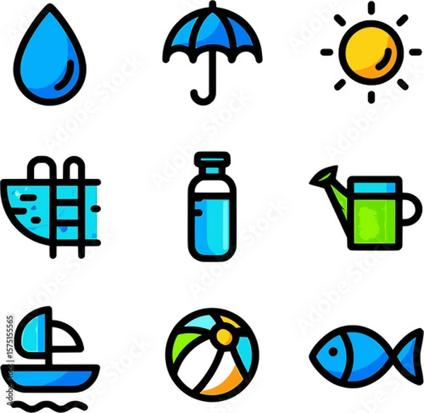 Obraz Flat sea and marine icons including water drop, umbrella, sun, bottle, ship, fish, and beach ball in colorful modern style.