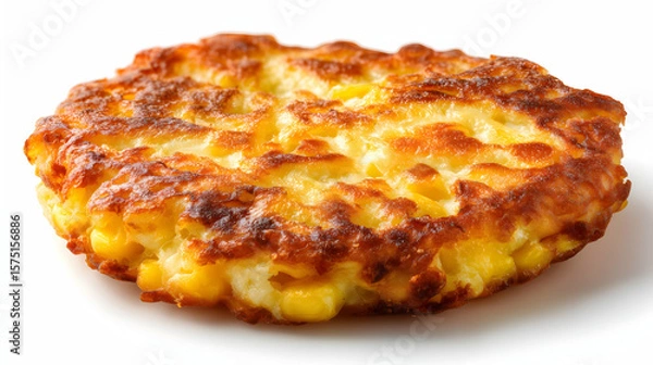 Fototapeta Golden brown corn fritter with crispy edges and soft inside, made from sweet corn and batter, pan-fried and isolated on a white background.