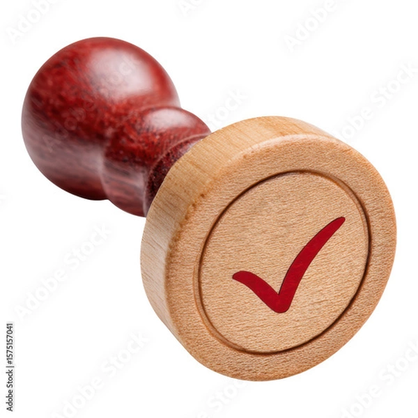 Fototapeta Wooden stamp with red checkmark symbol for approved confirmation. simple isolated cutout on white background