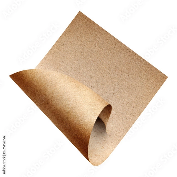 Fototapeta Rustic brown paper stamp cutout with curling corner on plain white background. blank antique and aged memo sheet