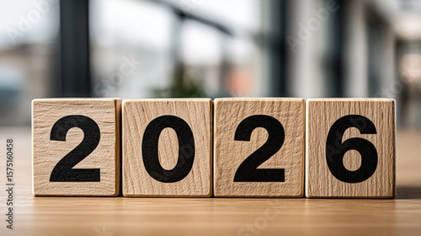 Fototapeta Wooden blocks with the number 2026 arranged in a row, representing the upcoming new year with a modern business background
