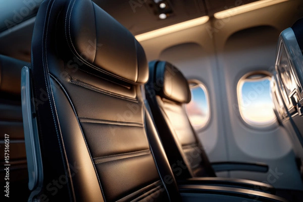 Fototapeta Empty leather seats in an airplane economy class cabin with warm natural light coming through the windows during flight