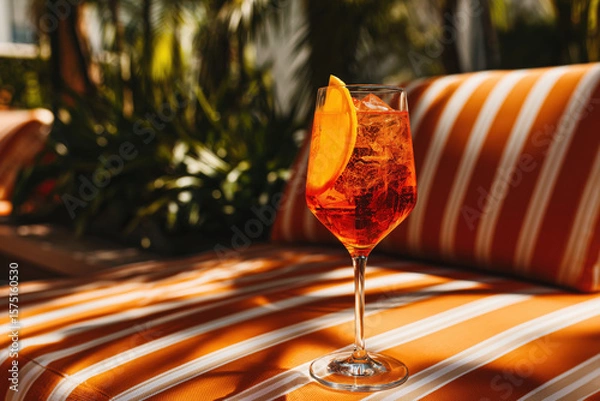 Fototapeta Refreshing glass of Aperol Spritz with orange slice and ice served on a striped sunbed by the poolside at a luxury tropical hotel