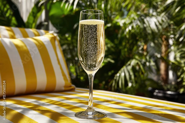 Fototapeta Glass of sparkling wine on a striped sunbed by the poolside at a luxury hotel, creating a relaxing summer vacation vibe