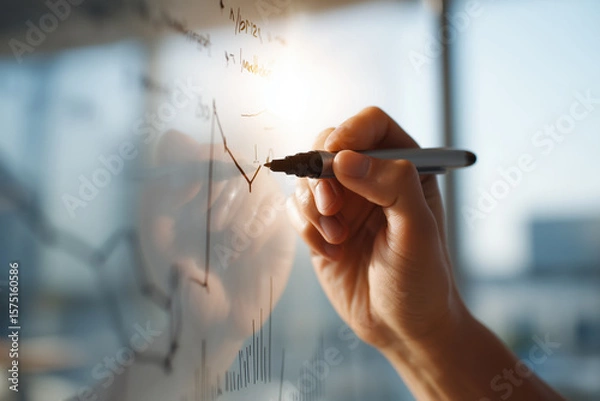 Fototapeta Hand writing financial data and graphs on a transparent board in an office environment, illustrating business analysis, strategy planning, and data visualization
