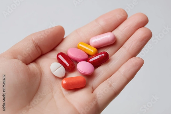 Fototapeta Assorted multicolored pills and supplements resting on a person's palm, symbolizing medication, nutrition support, and daily healthcare essentials