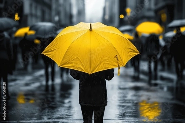Fototapeta Person with a yellow umbrella stands in rain, grayscale city background. Image symbolizes resilience or standing out, hope on a gloomy day.