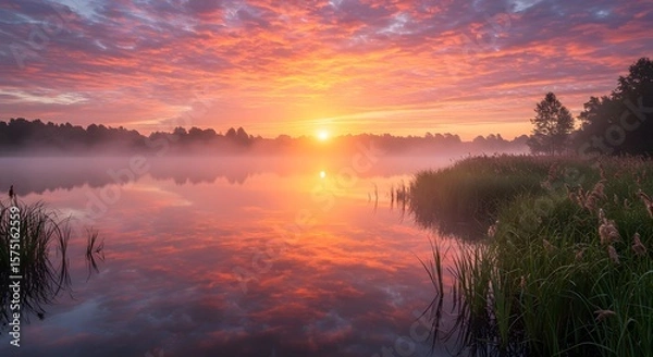 Fototapeta Sunrise over a tranquil lake reflecting pink and orange hues with misty trees in the background scene
