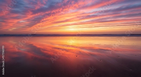 Fototapeta A vibrant sunset reflecting on the wet sand of a beach with colorful clouds in the sky above the water