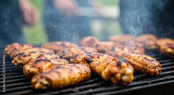 Fototapeta Close-up of chicken wings on a grill