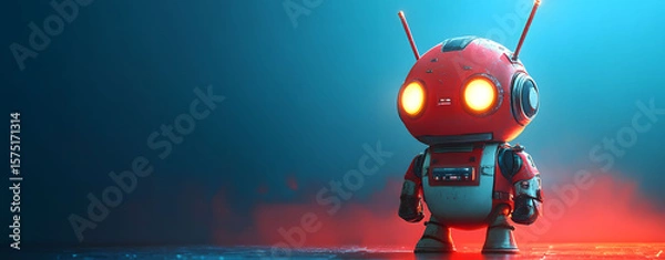 Fototapeta A futuristic red android robot with a gun against a blue background, blending retro charm with advanced technology