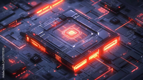 Fototapeta Red hot digital fire ignites a circuit board's intricate network, a macro view of isolated electrical engineering
