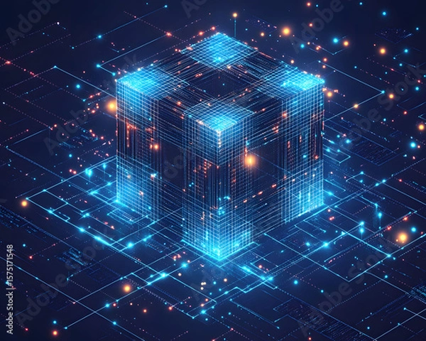 Fototapeta Abstract technology fractal pattern with glowing light waves creating a virtual reality cyberspace backdrop