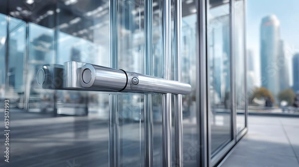 Fototapeta Close-up, detailed view of an automatic sliding glass door handle on a modern building, reflecting urban surroundings and contemporary architecture.
