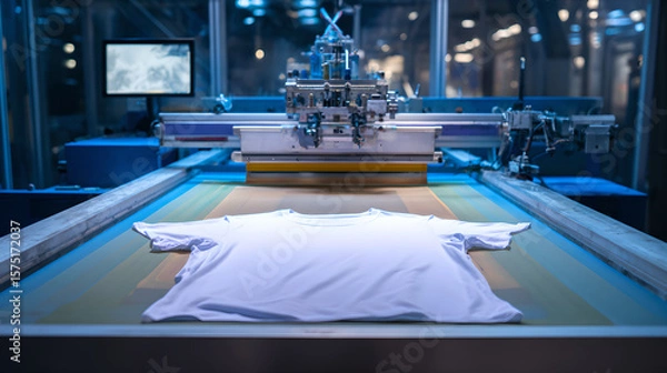 Fototapeta Close-up of a plain white t-shirt stretched on an automatic screen printing machine, poised for design application in a modern factory setting.
