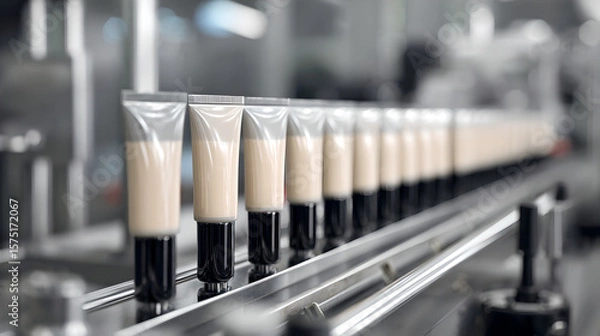 Fototapeta Close-up of neatly aligned foundation tubes on a conveyor belt, illustrating the automated and systematic process of cosmetic product manufacturing.
