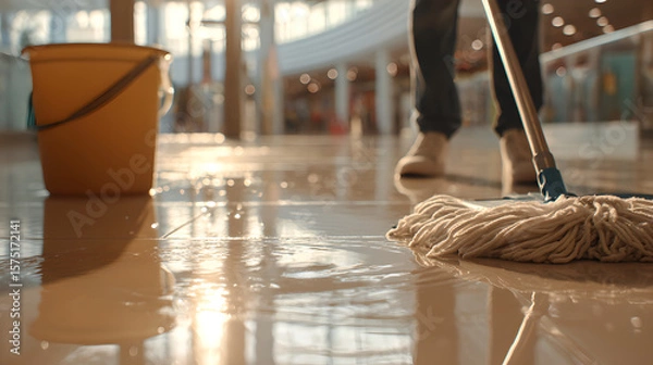 Fototapeta Mid-distance shot showing a mop cleaning a wet, reflective floor in a bright, spacious building, emphasizing routine maintenance and cleanliness.
