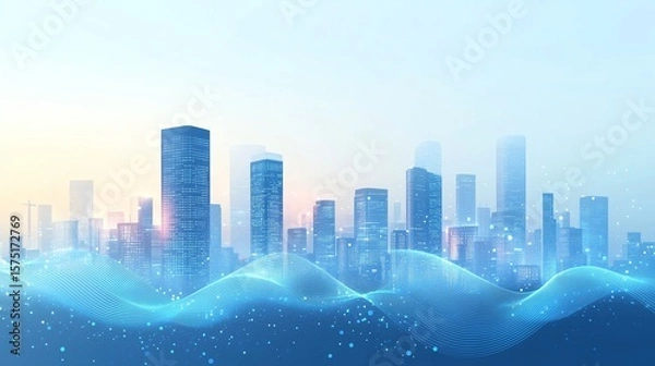 Fototapeta Minimalist flat illustration of a smart city with blue wavy data lines connecting buildings, futuristic network concept, clean high-tech cityscape with ample copy space for innovation content.