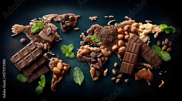 Fototapeta The world map showcases cocoa beans, nuts, and chocolate bars against a dark backdrop, accented with fresh mint leaves, conveying global chocolate and ingredient sourcing from around the globe.
