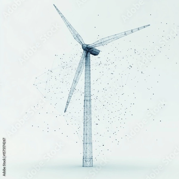 Fototapeta Minimalist wind turbine glowing softly on a clean white background, rendered in low-poly wireframe style with connected dots for a green energy concept.