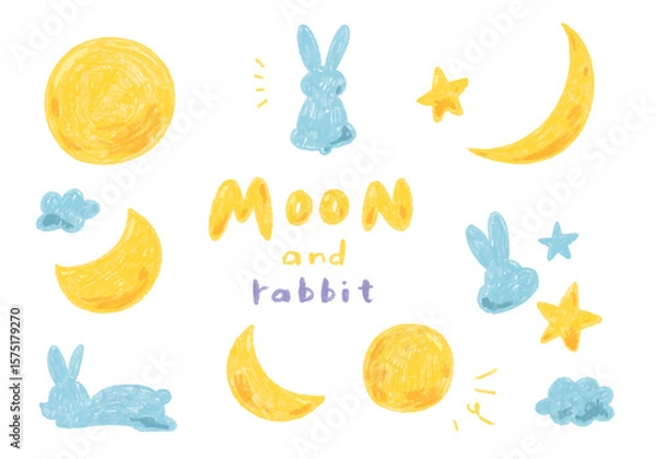 Obraz 月とウサギと月のかわいい手描きイラスト
