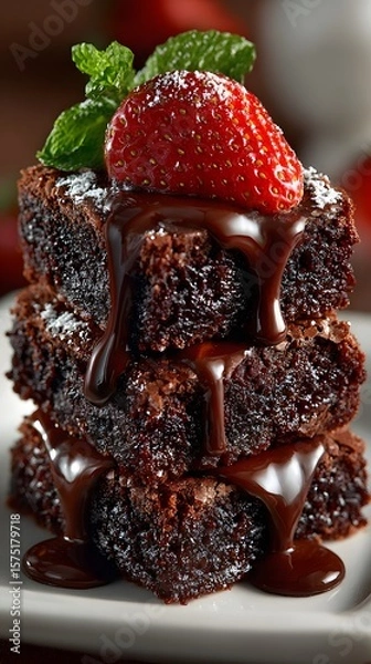 Fototapeta Delight in a stack of decadent chocolate brownies, drizzled with rich chocolate sauce and adorned with a fresh strawberry and mint sprigs, a tempting dessert treat.