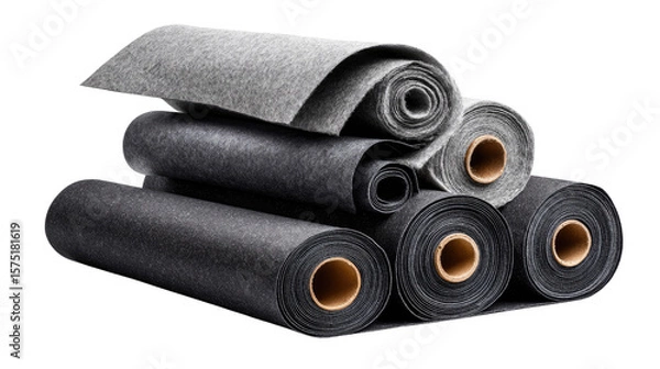 Fototapeta Textured Fabric Rolls: A neat composition showcases a stack of rolled fabric, revealing layers of texture and material details, perfect for conveying themes of production and construction.