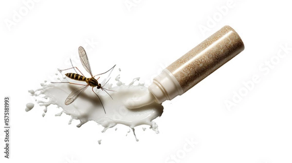 Fototapeta Mosquito on Puddle: A dramatic and thought-provoking photo showing a mosquito landing on a puddle of milky white liquid which is coming from a tube.