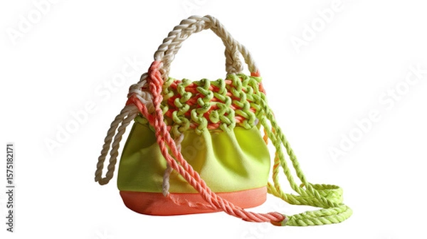 Fototapeta Vibrant Handbag: A stylish and modern handbag, showcasing intricate rope and knot details. The design's bold colors and textural contrast create a unique and eye-catching aesthetic. 