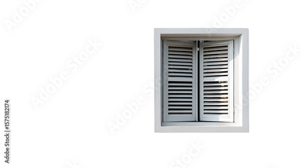 Fototapeta Louvered Window: A square, minimalist image features a white louvered window, the slats partially open, allowing a peek of light to illuminate the interior.