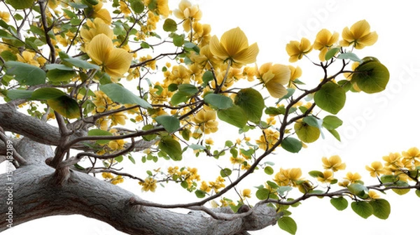 Fototapeta Golden Blooms: A captivating photograph captures the beauty of a flowering tree, adorned with delicate yellow blossoms and verdant leaves, set against a bright backdrop.