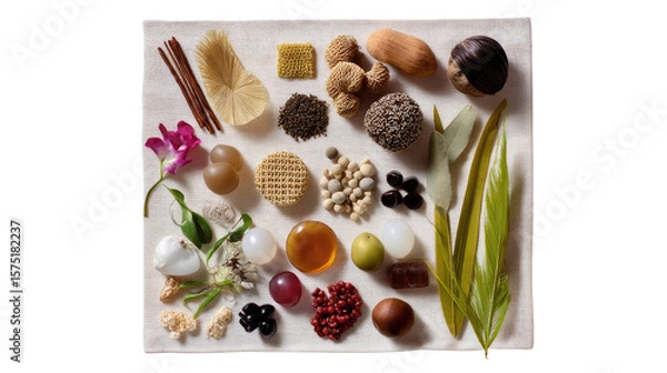 Fototapeta Culinary Symphony: An overhead view of a culinary array, meticulously arranged on a neutral surface, presenting a harmonious blend of organic ingredients.