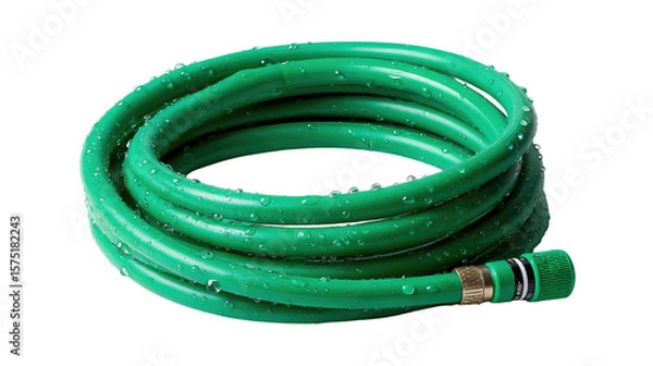 Fototapeta Coiled Garden Hose: A vibrant green garden hose lies coiled, droplets of water clinging to its surface, ready for use in the garden or yard. 