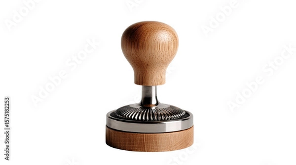 Fototapeta Coffee Tamper with Wooden Handle: A sleek, modern coffee tamper featuring a polished metal base and a stylish light oak wood handle, isolated on a white background.