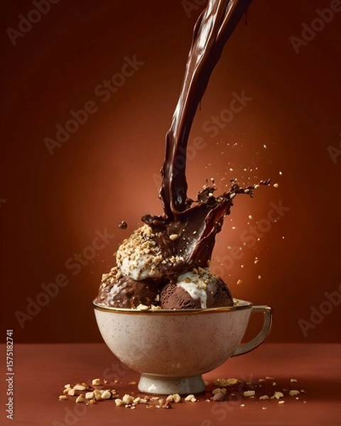 Fototapeta Rich chocolate sauce cascading onto decadent ice cream scoops, adorned with crunchy nuts, creates an appetizing dessert scene against a warm brown backdrop conveying sweetness.