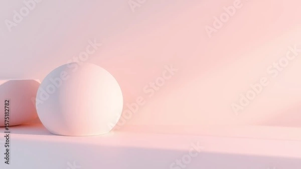 Fototapeta Two smooth pastel pink eggs rest gently on a minimalist light pink surface bathed in soft sunlight.
