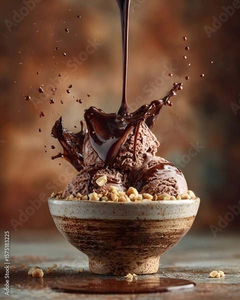 Fototapeta Decadent chocolate ice cream scoops sit in a rustic bowl as rich, dark chocolate sauce is poured, creating a mouthwatering dessert still life perfect for food photography projects.