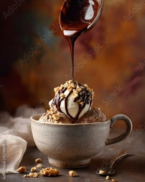Fototapeta Decadent dessert delight showcases chocolate sauce being poured onto scoops of rich ice cream topped with chopped nuts in a charming ceramic bowl, offering a tempting sweet treat.