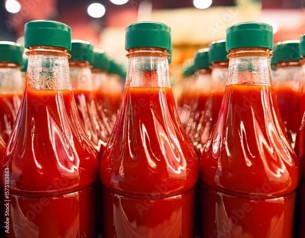 Fototapeta Many bottles of tomato ketchup on the shelf for sale