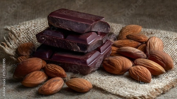 Fototapeta Tempting dark chocolate squares stacked beside healthy almonds create a delectable treat on a rustic burlap, enticing cravings with this sweet and nutty indulgence and healthy snack.