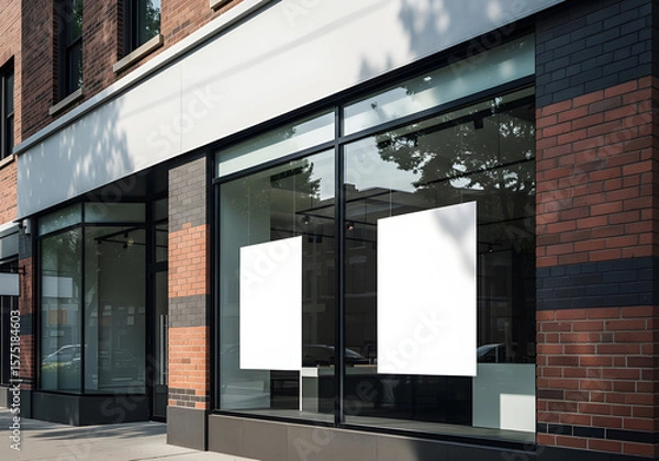 Fototapeta A modern storefront with blank posters, ideal for advertising, featuring large glass windows and red brick.