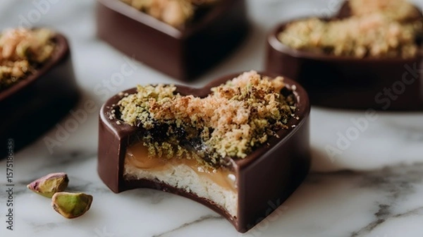 Fototapeta Exquisite heart shaped chocolate confectionery with caramel filling and pistachio topping is showcased on a marble surface, perfect for Valentine's day and dessert promotions.