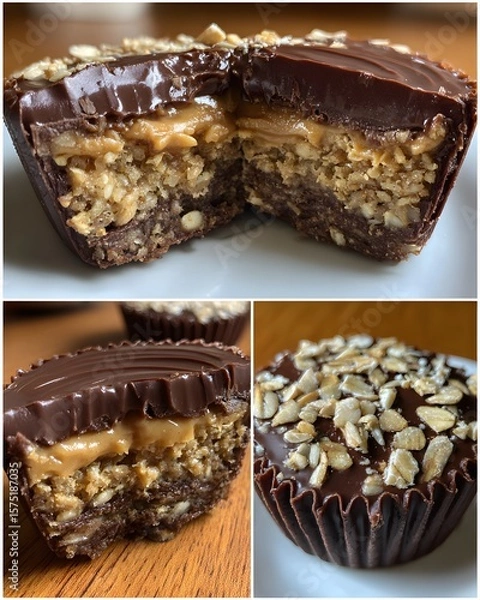Fototapeta Luscious dessert cups featuring rich chocolate layers, creamy caramel, and crunchy granola create a tantalizing treat, perfect for sweet indulgence and healthy snacking with satisfying textures.