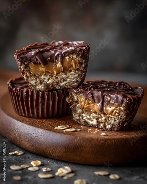 Fototapeta Delectable homemade chocolate oatmeal cups are stacked on a wooden board, with a creamy caramel filling visible and scattered oats enhancing the dessert's rustic appeal and tempting texture.