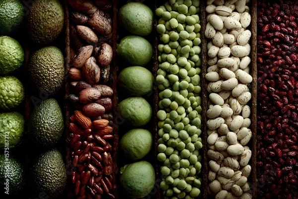 Fototapeta A delectable display of healthy ingredients showcases avocados, cacao nibs, assorted beans, and limes, highlighting the bounty of nature's harvest in a visually appealing food assortment.