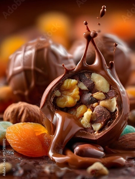 Fototapeta Decadent chocolate truffle bursts open to reveal a nutty filling, accompanied by dried apricots and almonds, with melting chocolate creating a visually appealing dessert scene for food enthusiasts.