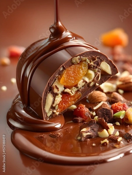 Fototapeta Decadent dark chocolate praline, drizzled with smooth chocolate, reveals a delicious filling of dried apricots and crunchy nuts, evoking indulgence and artisanal confectionery.