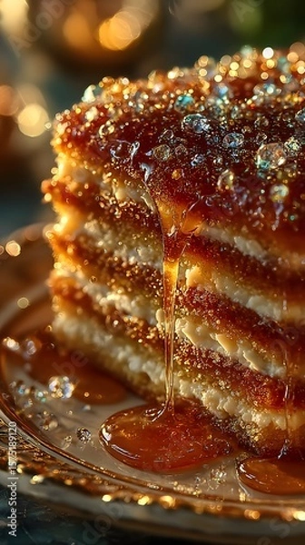 Fototapeta A delightful honey cake with dripping syrup sits invitingly on a golden plate, showcasing delicious layers and a sparkling, enticing presentation for dessert lovers and culinary projects.